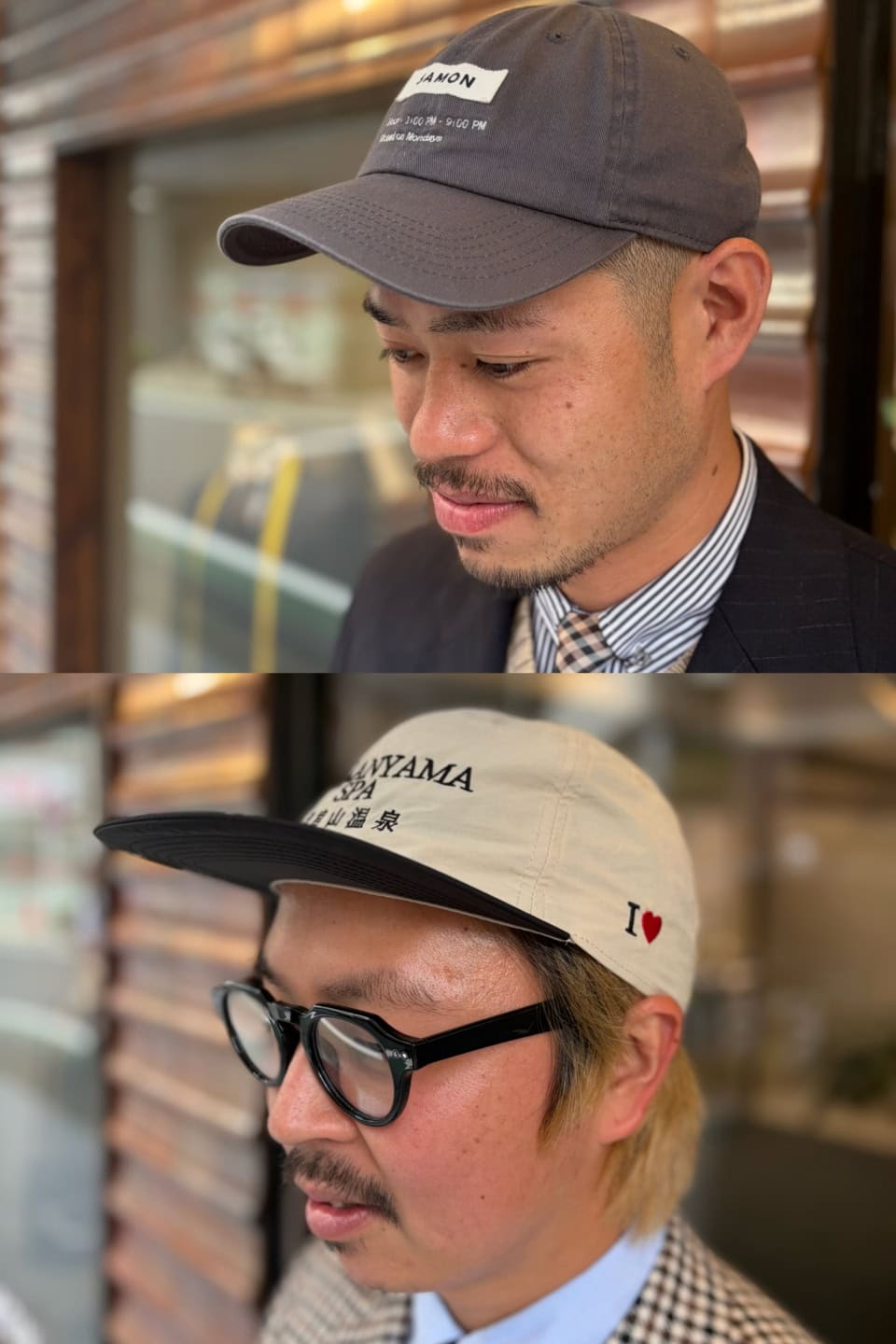 ジャケットをキャップでカジュアルダウンさせるのはレディースでもお馴染みですが、お二人はあえて浅めにかぶっているんです。それによってカジュアル度が増すだけでなく、抜け感をもたらす効果も