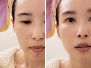 左がBeforeで右がAfter。額、鼻の頭、頰の中央と口周りだけにブラシでファンデをポンポン軽く乗せただけですが、全体の素肌っぽさは保ったまま気になる部分だけを狙い撃ちでカバーすることができます。