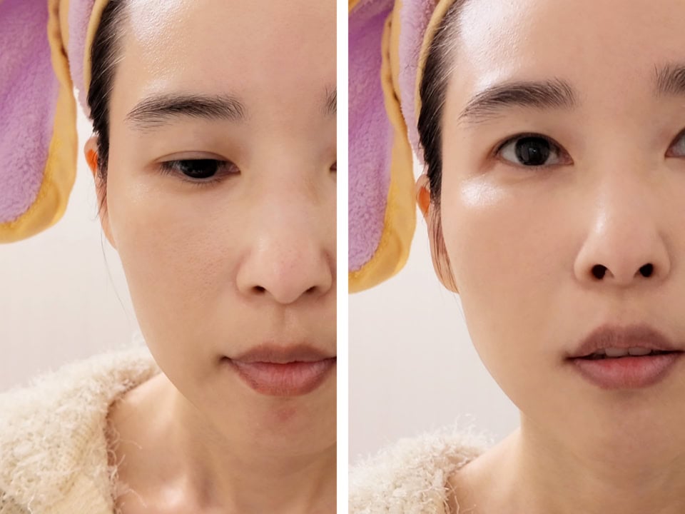 左がBeforeで右がAfter。額、鼻の頭、頰の中央と口周りだけにブラシでファンデをポンポン軽く乗せただけですが、全体の素肌っぽさは保ったまま気になる部分だけを狙い撃ちでカバーすることができます。