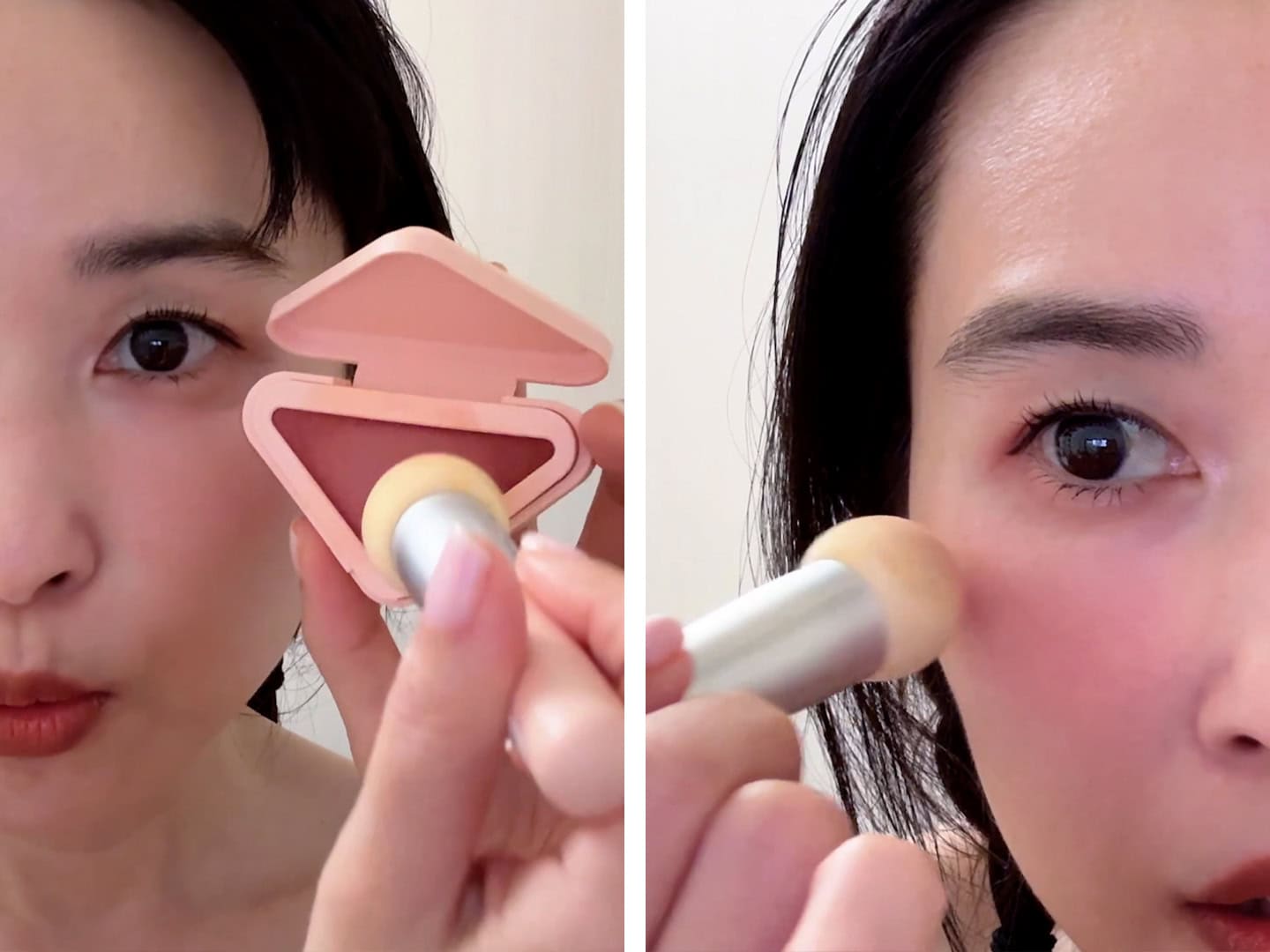 【左】目の下を少し避けて頰の高いところよりちょっと下、横に広めにブラシでくすんだモーブ色を乗せて血色感と中顔面の短縮効果を狙います。