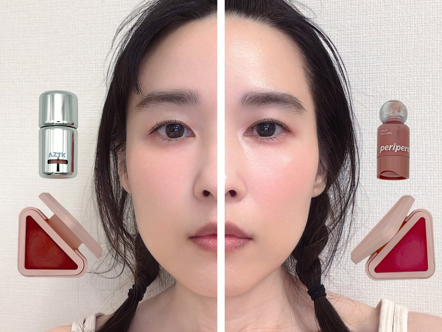 仕上がり全顔です。左が中顔面短縮を意識、右側が小顔効果を狙って立体感を出してみましたがどうでしょう？