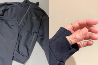 8つの天然鉱石を練りこんだ特殊繊維。ぱっと見た感じはスタイリッシュなトレーニングウエアのよう。指を引っ掛けられる仕様で手元まで暖かい!こんなヴィジュアルなのに着て過ごすだけで筋肉のコリや疲れを軽減できる一般医療機器のウエアってすごい!